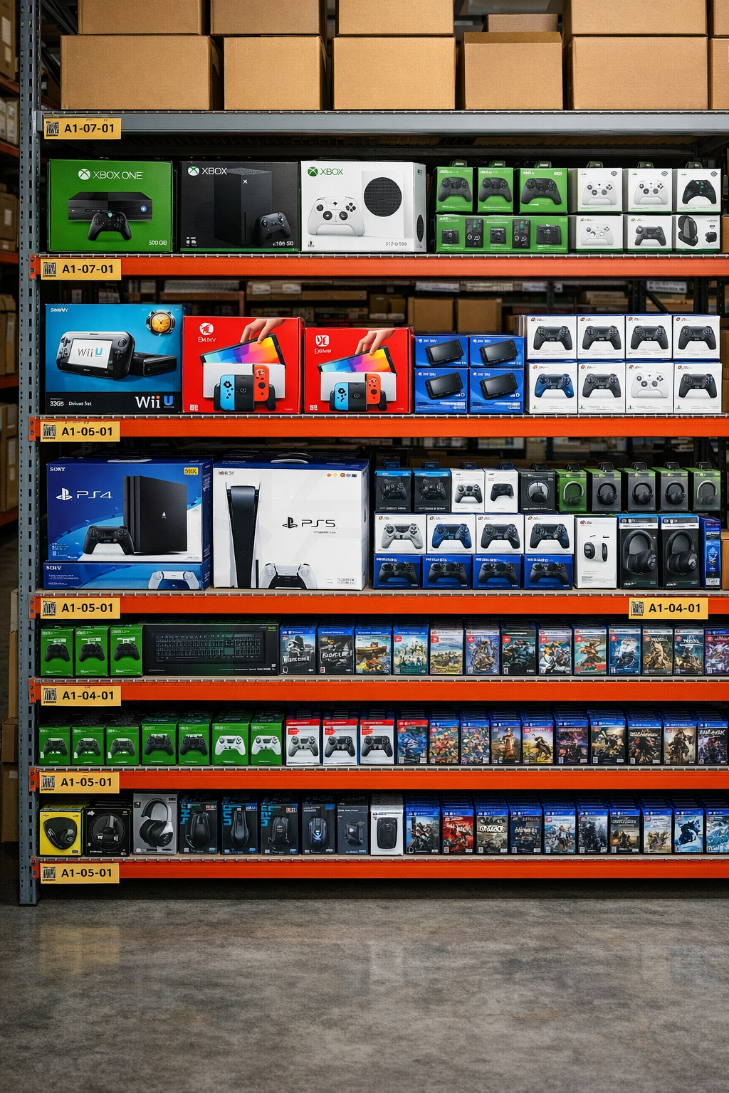 Warehouse shelves filled with video gaming hardware, software, and accessories