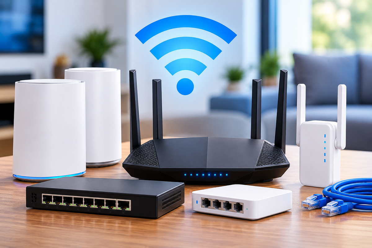 Home networking routers, mesh Wi-Fi devices, switches and Ethernet cables