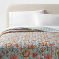 King Earthy Vines Quilt Light Teal Blue/Mustard Yellow/Light Pink Floral