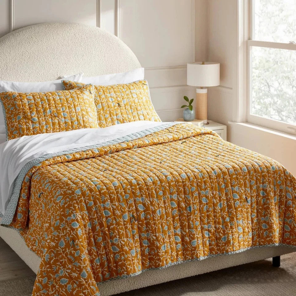 King Earthy Vines Quilt Mustard Yellow/Teal Blue - Threshold: Cotton
