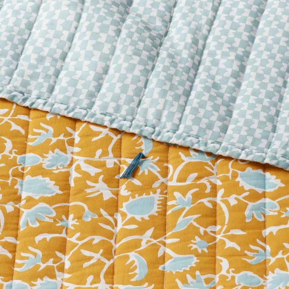 King Earthy Vines Quilt Mustard Yellow/Teal Blue - Threshold: Cotton