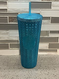❤️ Starbucks Summer 2023 Metallic Chrome Teal Blue Bling Studded 24 oz Tumbler