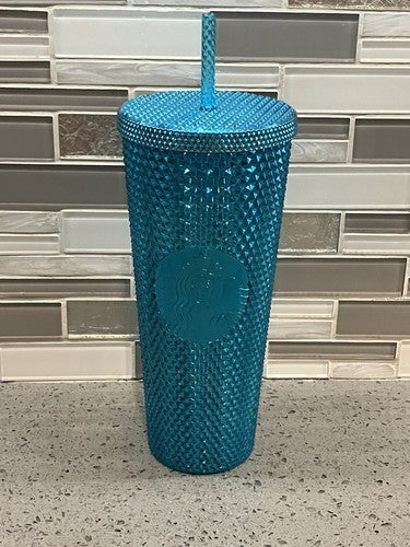 ❤️ Starbucks Summer 2023 Metallic Chrome Teal Blue Bling Studded 24 oz Tumbler