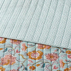King Earthy Vines Quilt Light Teal Blue/Mustard Yellow/Light Pink Floral