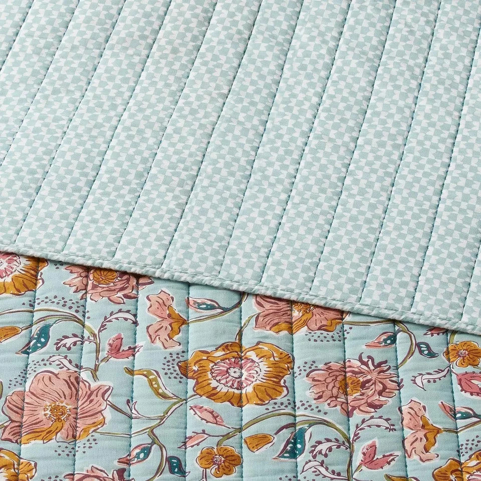 King Earthy Vines Quilt Light Teal Blue/Mustard Yellow/Light Pink Floral