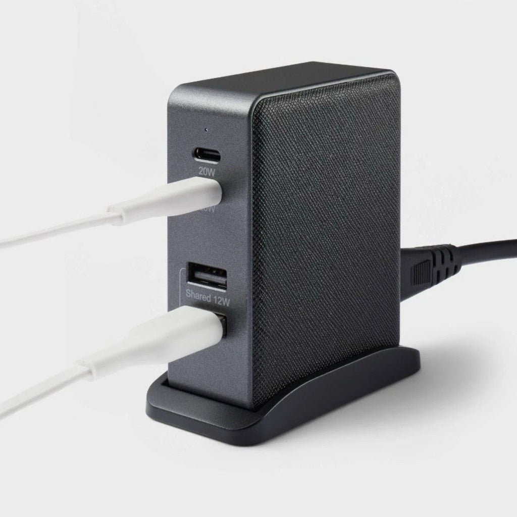 4 Port Charging Hub Vertical 2C + 2A - heyday Black Saffiano