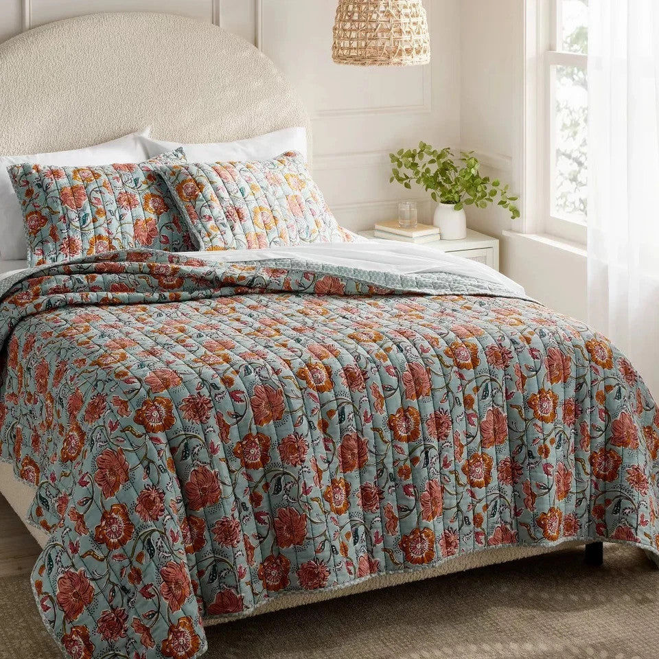 King Earthy Vines Quilt Light Teal Blue/Mustard Yellow/Light Pink Floral