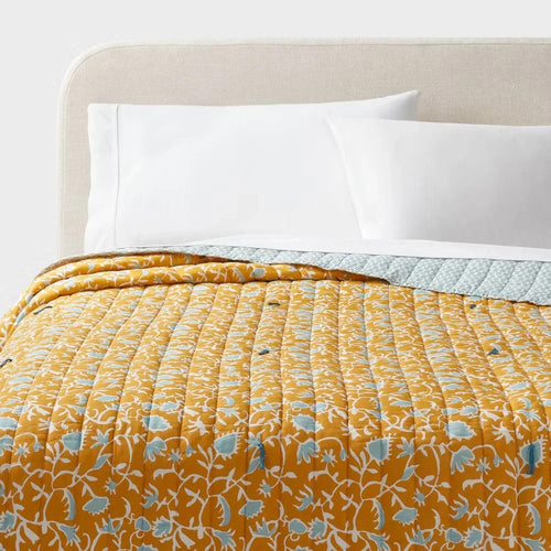 King Earthy Vines Quilt Mustard Yellow/Teal Blue - Threshold: Cotton