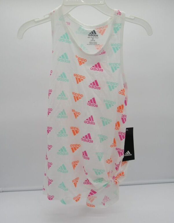 Adidas Girls' Tie Front Tank - Medium - White w/ Colored Logo Pattern image 0