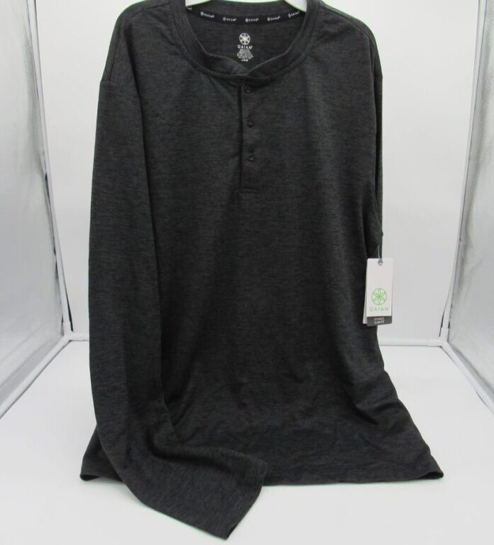Gaiam Mens' Intent Henley 2.0 Long-Sleeve Button Collar - Large - Black Heather image 0