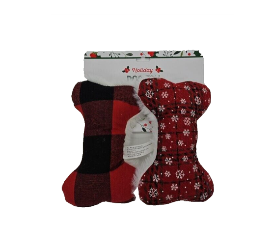 Holiday 2-Pack Plaid Felt Bones Red - Dog Toys image 0