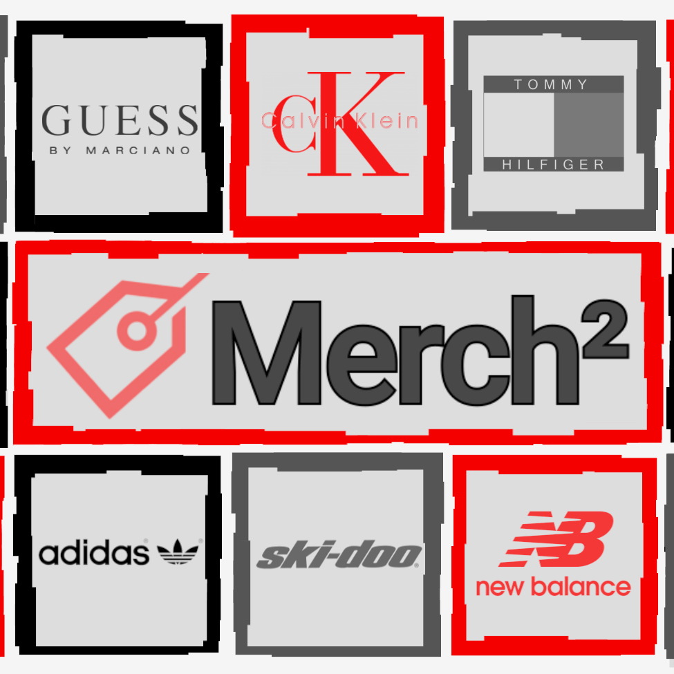 Grid of various brand logos including The North Face, Guess, Calvin Klein, Tommy Hilfiger, Under Armour, Lauren Ralph Lauren, Merch2, Jordan, Hurley, Adidas, Ski-Doo, New Balance, and Ideology.